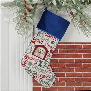 Repeating Pet Name Personalized Photo Blue Christmas Stocking