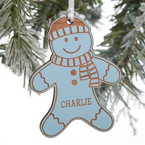 Gingerbread Family Character Personalized Wood Ornament - Blue Stain