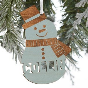 Snowman Character Personalized Blue Stain Wood Ornament