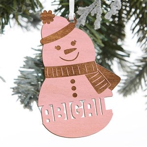 Snowman Character Personalized Pink Stain Wood Ornament