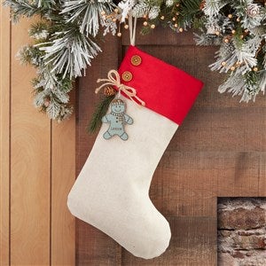 Gingerbread Family Red Stocking with Personalized Blue Wood Tag