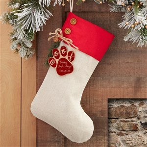 Happy Howl-idays Red Stocking with Personalized Red Maple Wood Tag