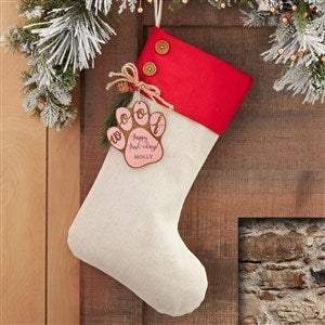 Happy Howl-idays Red Stocking with Personalized Pink Wood Tag