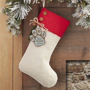Happy Howl-idays Red Stocking with Personalized Blue Wood Tag