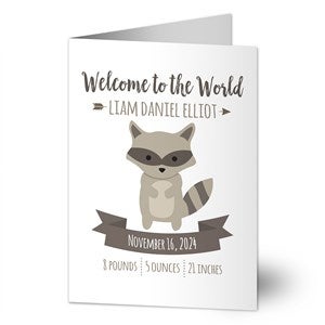 Woodland Adventure Raccoon Personalized Baby Greeting Card - Signature