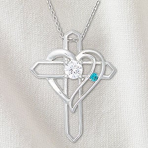 Heart & Cross Personalized Sterling Silver 1 Birthstone Necklace