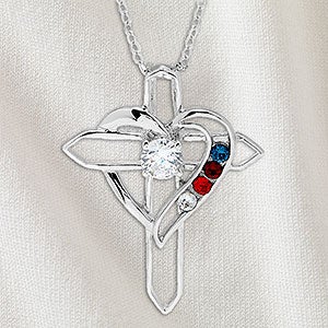 Heart & Cross Personalized Sterling Silver 4 Birthstone Necklace