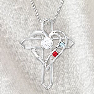 Heart & Cross Personalized Sterling Silver 2 Birthstone Necklace