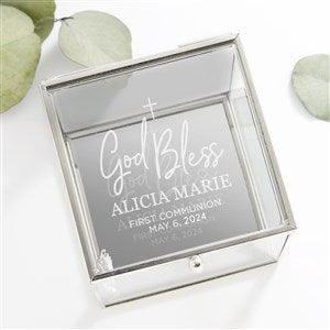 God Bless Communion Personalized Glass Jewelry Box - Silver