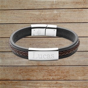 Men's Name Personalized ID Leather Bracelet - Brown Braided & Silver Plate