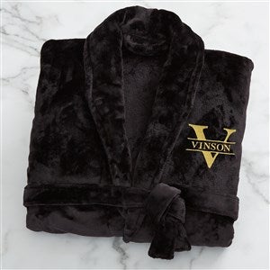 Embroidered Fleece Robe - Black - Lavish Last Name - #33287-B