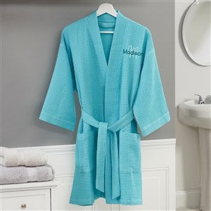 Playful Name Embroidered Mint Waffle Weave Kimono Robe