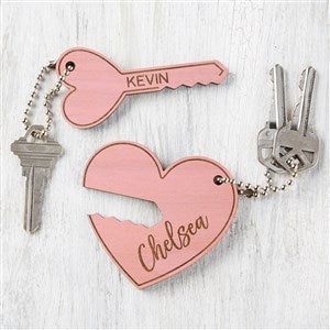 Key To My Heart Personalized Wood Keychain Set- Pink Stain