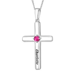 Name & Birthstone Personalized Sterling Silver Cross Necklace