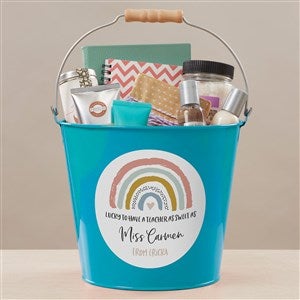Boho Rainbow Teacher Personalized Large Metal Bucket Turquoise