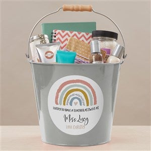 Boho Rainbow Teacher Personalized Large Metal Bucket Silver