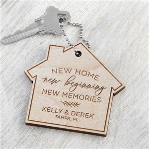 New Home, New Memories Personalized Wood Keychain- Whitewash