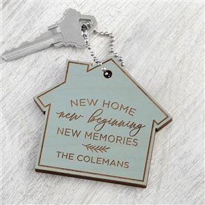 New Home, New Memories Personalized Wood Keychain- Blue Stain