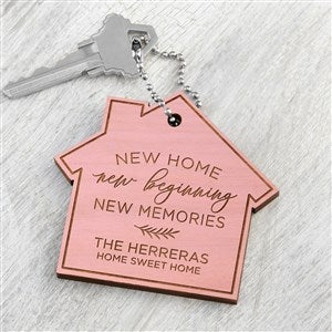 New Home, New Memories Personalized Wood Keychain- Pink Stain