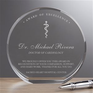 Rod of Asclepius Round Crystal Personalized Award