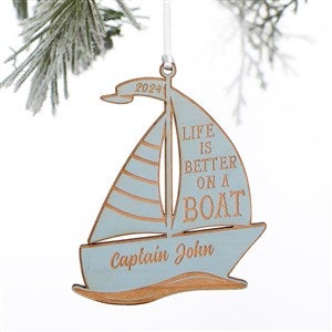 Sailboat Personalized Wood Ornament- Blue Stain