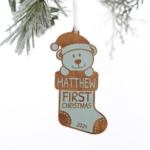 My First Christmas Teddy Bear Personalized Wood Ornament- Blue Stain