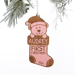 My First Christmas Teddy Bear Personalized Wood Ornament- Pink Stain
