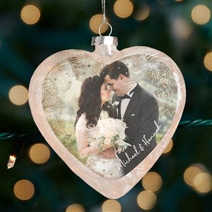 Personalized Wedding Photo Lightable Frosted Glass Heart Ornament - Gold Foliage