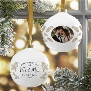 Personalized Wedding Photo Ball Ornament - Gold Foliage