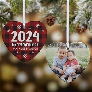 Buffalo Plaid Family Personalized Year Heart Ornament- 3.25 Glossy - 2 Sided