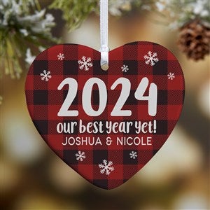 Buffalo Plaid Family Personalized Year Heart Ornament- 3.25 Glossy - 1 Sided