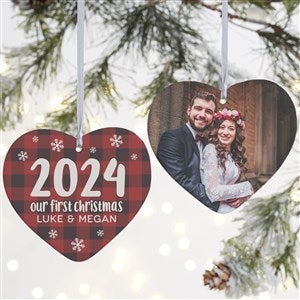 Buffalo Plaid Family Personalized Year Heart Ornament- 4 Matte - 2 Sided