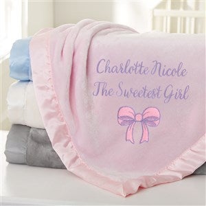 Baby Bow Embroidered Pink Satin Trim Baby Blanket
