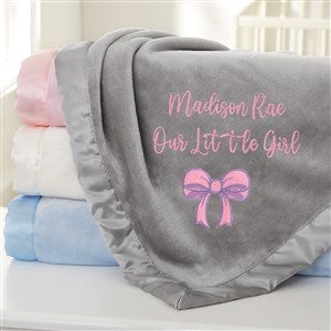 Baby Bow Embroidered Grey Satin Trim Baby Blanket