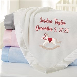 Rocking Horse Embroidered Ivory Satin Trim Baby Blanket