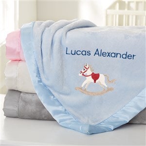 Rocking Horse Embroidered Blue Satin Trim Baby Blanket