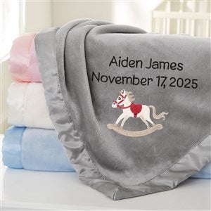 Rocking Horse Embroidered Grey Satin Trim Baby Blanket