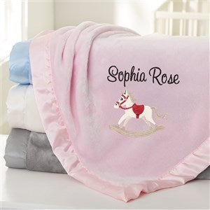 Rocking Horse Embroidered Pink Satin Trim Baby Blanket