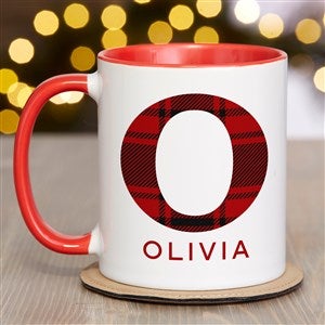 Plaid Initial Personalized Christmas Coffee Mug 11 oz.- Red