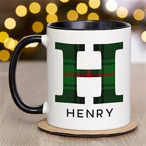 Plaid Initial Personalized Christmas Coffee Mug 11 oz.- Black