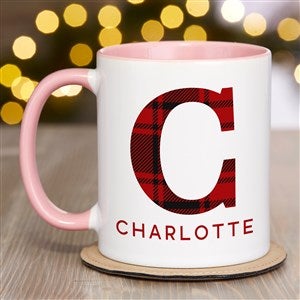 Plaid Initial Personalized Christmas Coffee Mug 11 oz.- Pink