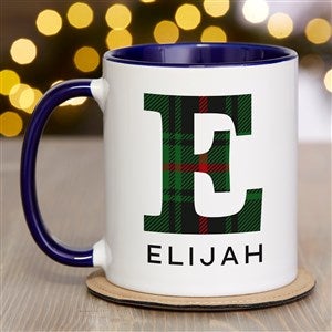 Plaid Initial Personalized Christmas Coffee Mug 11 oz.- Blue
