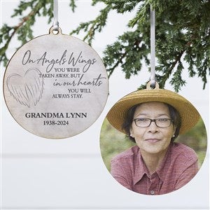 On Angel's Wings Memorial Personalized Ornament- Wood - 2 Sided