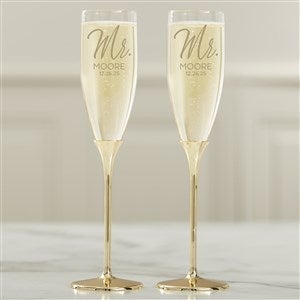 Personalized Gold Wedding Flute Set - Stamped Elegance