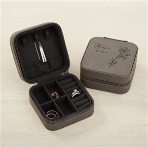 Birth Month Flower Personalized Leatherette Jewelry Case -Grey