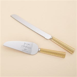 Botanical Wedding Engraved Cake Knife & Server Gold Hammered Set
