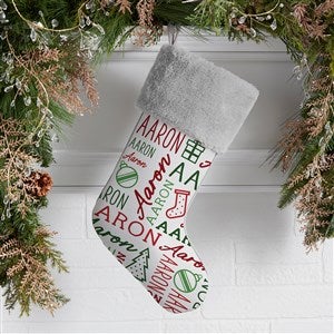 Holiday Repeating Name Personalized Christmas Stocking - Grey Faux Fur