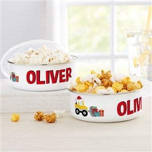 Construction & Monster Trucks Personalized Christmas Enamel Bowl with Lid