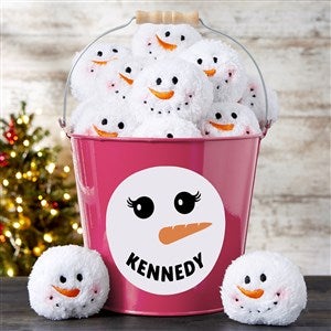 Smiling Snowman Personalized Snowball Fight Metal Bucket - Pink