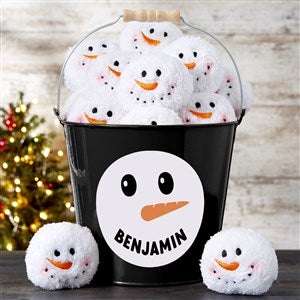 Smiling Snowman Personalized Snowball Fight Metal Bucket - Black